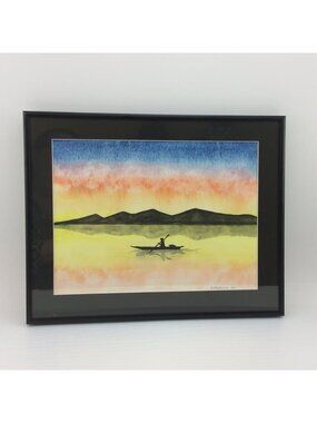 Framed Watercolour Kayak Mountains Lake Northern Canada Inuit Artist Pewatualuk